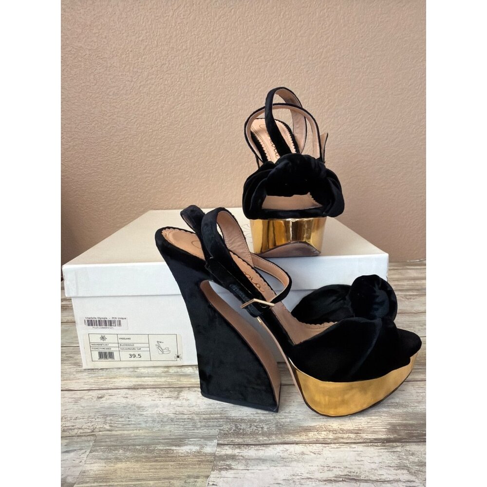 Charlotte Olympia Vreeland Black Velvet & Gold Platform Wedge Heel EU 39.5 w/Box - Picture 2 of 14